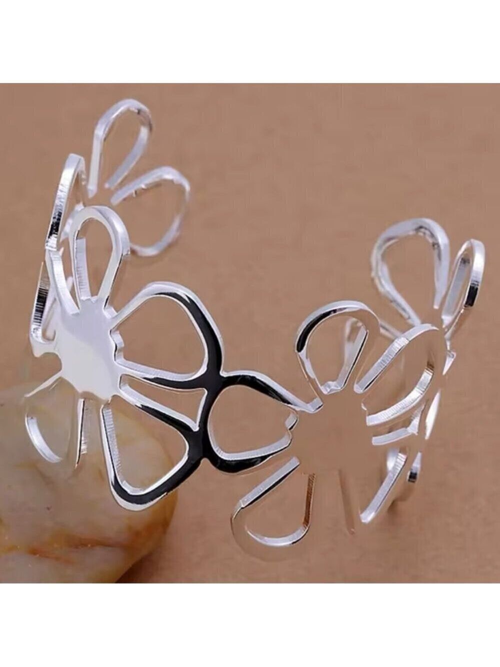 Sterling Silver 925 Floral Flower Cutout Cuff Bracelet – Adjustable #1506